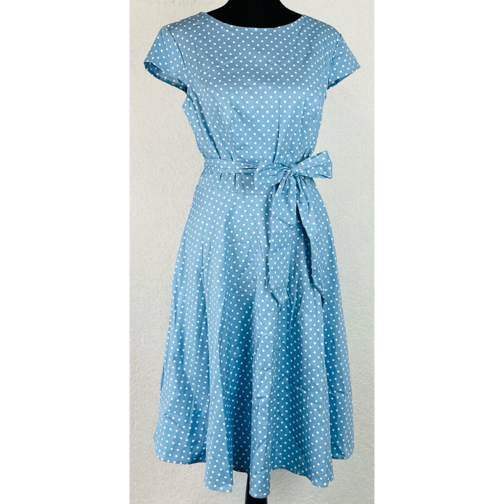 (NWOT) DRESSYSTAR • Blue/White Polka Dot Vintage-Inspired Cap Sleeve Dress, M - Picture 12 of 16